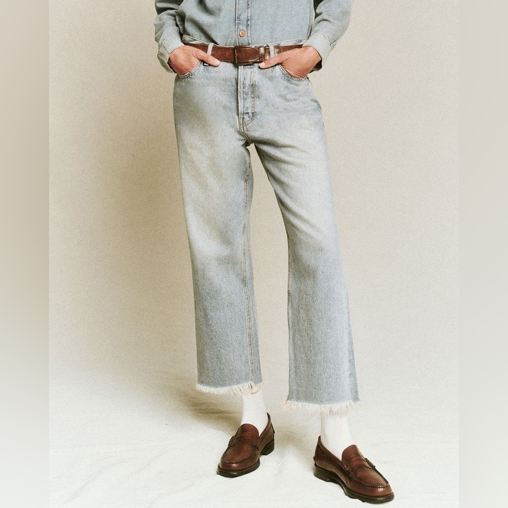 The Great. Wayne Jeans Kentucky Wash distressed frayed straight crop high rise